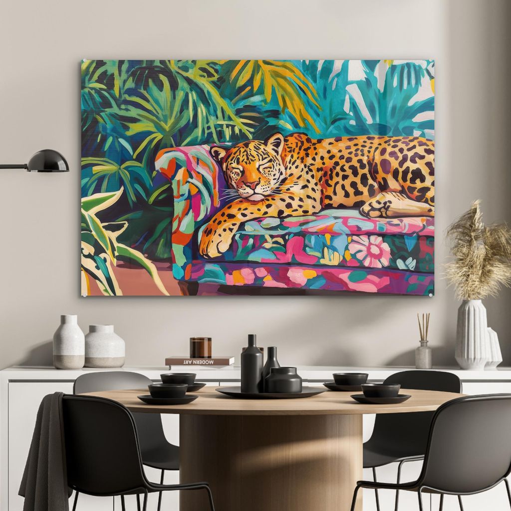 MuchoWow Glasbilder - Bilder auf Wandbild - Foto auf Glas Leopard - Bunt - Tropisch 120x80 cm Wanddekoration aus Glas - Acrylglasbild - Acrylbilder...