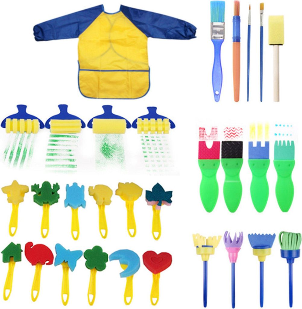 30 StückKinder Pinsel Waschbare Pinsel Schwamm Malpinsel Set mit Schuerze für Kinder DIY Lernspielzeug Fingerfarben Kuenstlerbedarf Geschenke fü...