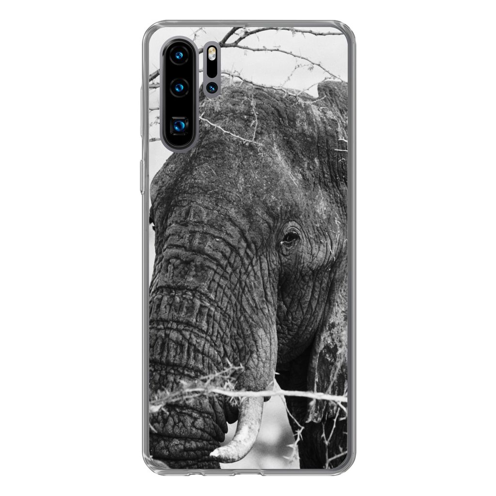 MuchoWow Handyhülle Schutzhülle Hülle für Huawei P30 Pro Elefant - Tiere - Äste - Natur - Schwarz und weiß Silikon Softcase Handy Hülle - ...