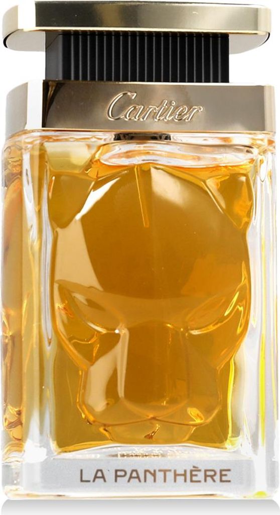 A close-up front view of a Cartier La Panthere Parfum bottle.