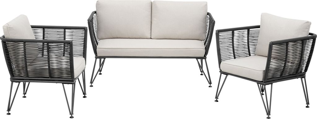 A set of outdoor furniture including a loveseat and two armchairs, arranged on a white background.