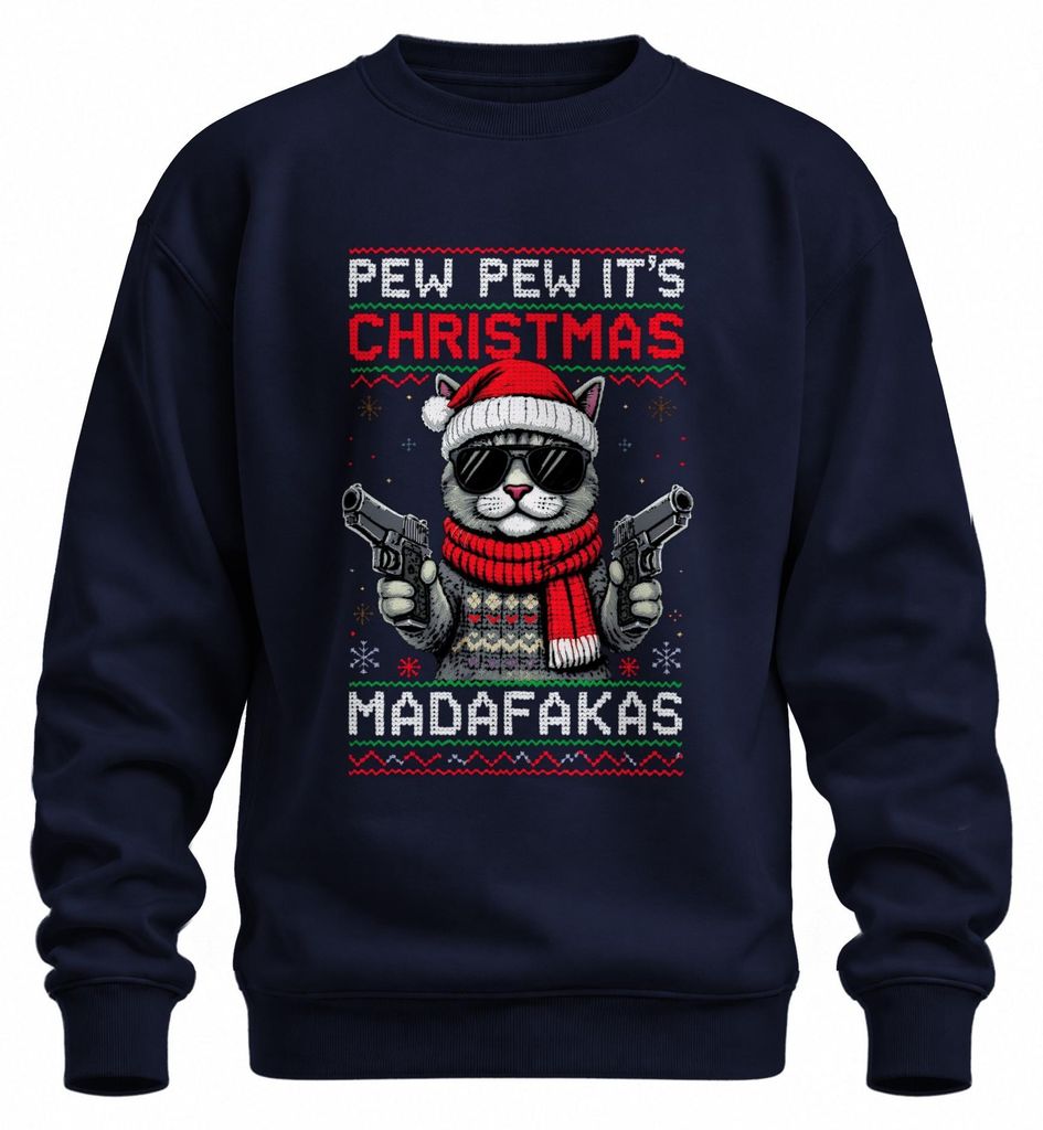 Pew Pew It's Christmas Madafakas Katze Pistolen Ugly Sweater Sweatshirt Pullover, Navy, 3XL