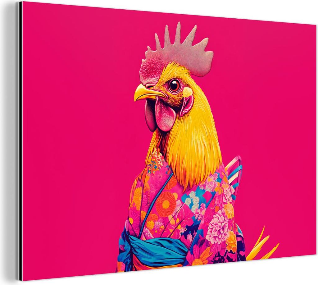 MuchoWow Wanddekoration Metall Metallbild Wandkunst 90x60 cm Hahn - Bunt - Kimono - Rosa MuchoWow Aluminium Gemälde - Wandbilder