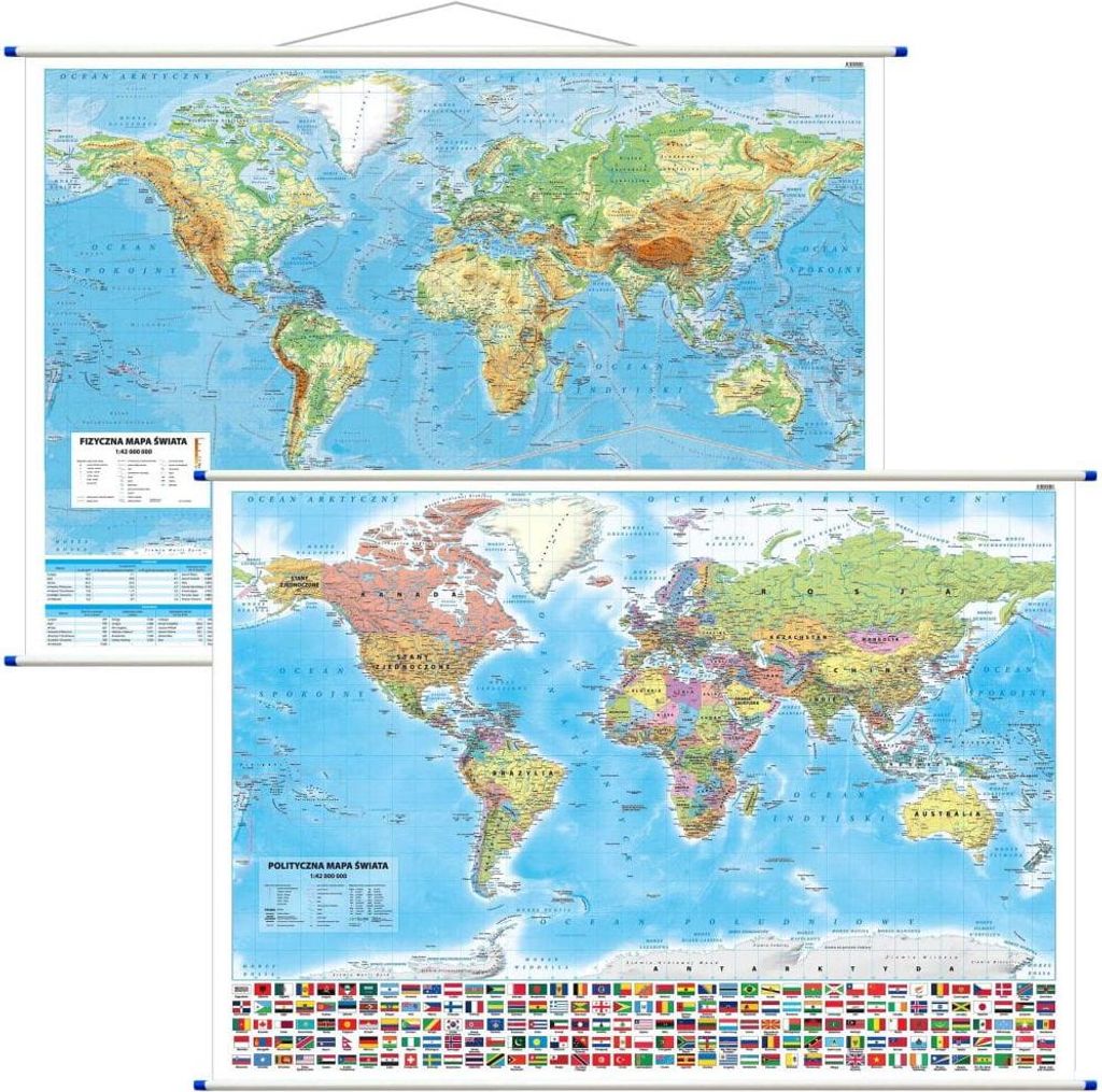 Weltkarte 1:42.000.000. Doppelseitige Wandkarte. Politische und physische Darstellung. Ausgabe 2024.