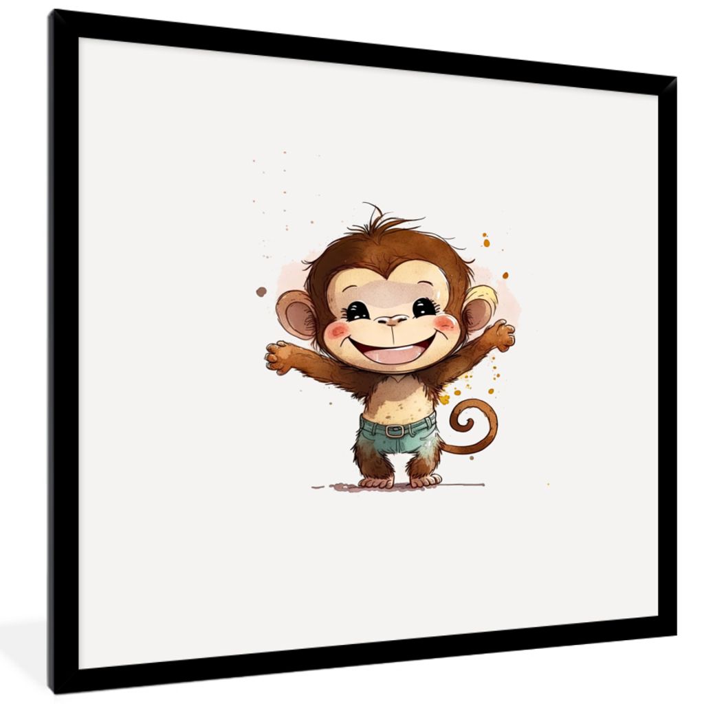 MuchoWow Gerahmtes Poster Affe - Braun - Aquarell - Tiere - Mädchen - Jungen 40x40 cm - Poster mit Schwarzem Bilderrahmen Wandposter Rahmen Foto...