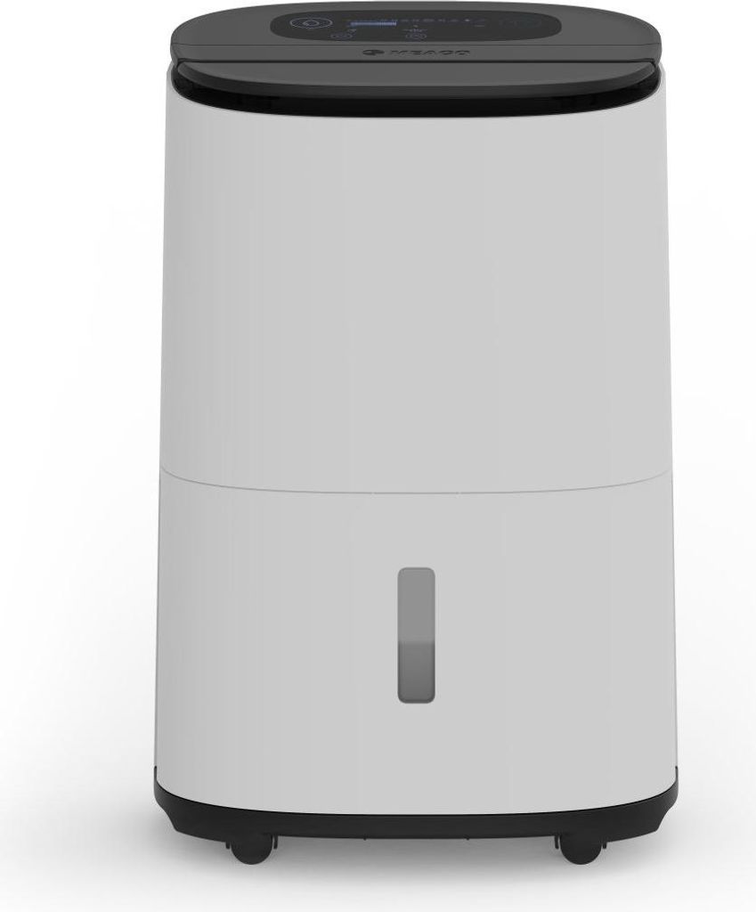 A white and black dehumidifier is shown against a white background.