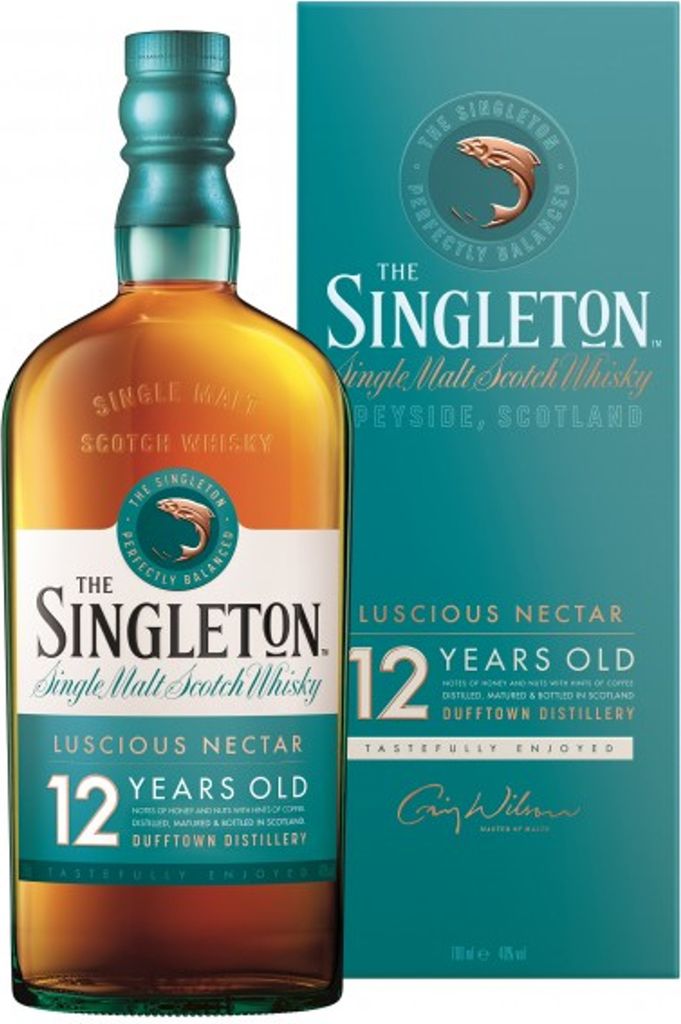A bottle of Singleton of Dufftown 12 Year Old Single Malt Scotch Whisky and its gift box.