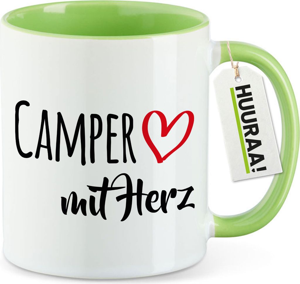 Huuraa Kaffeetasse Camper mit Herz 330ml Grün Keramik Kaffeebecher Geschenkidee