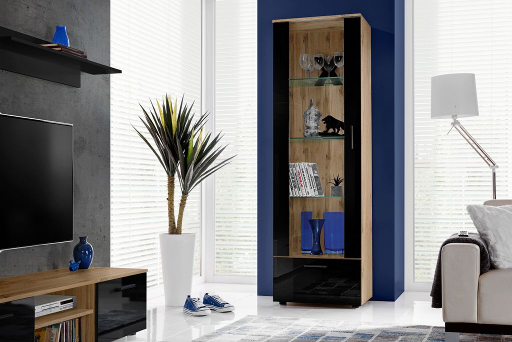 Komodee, Vitrine Schrank Alessandria, Wotan/Schwarz, Breite 60cm x Höhe 192cm x Tiefe 42cm, 3 Glasböden, 1 Regal aus laminierter Platte, für Woh...