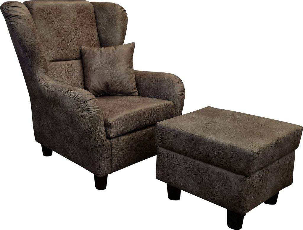 Ohrensessel mit Hocker Landhaus Polster-TV-Lesesessel Lederoptik Vintage Braun / 18005