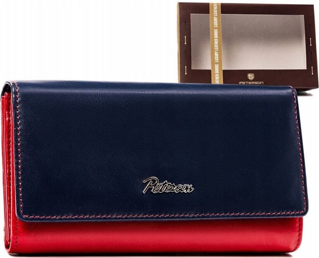 Peterson | Großes Portemonnaie, mit Lederschließe, für Frauen, Rot, Marine, 18x10 cm