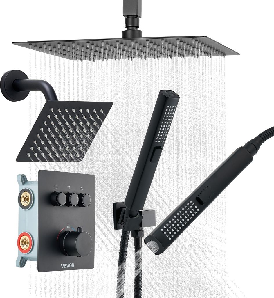 VEVOR Duschsystem-Set mit 12 Zoll Regenduschsystem / 6 Zoll Wandmontagekopf / 2 in 1 Handbrause, drehbarem Doppelregenkopf (3 Funktionen), Messingv...