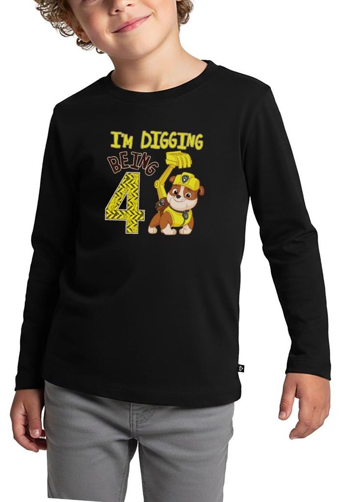 Spreadshirt Paw Patrol Rubble 4. Geburtstag Kinder Premium Langarmshirt, 122/128 (6 Jahre), Schwarz