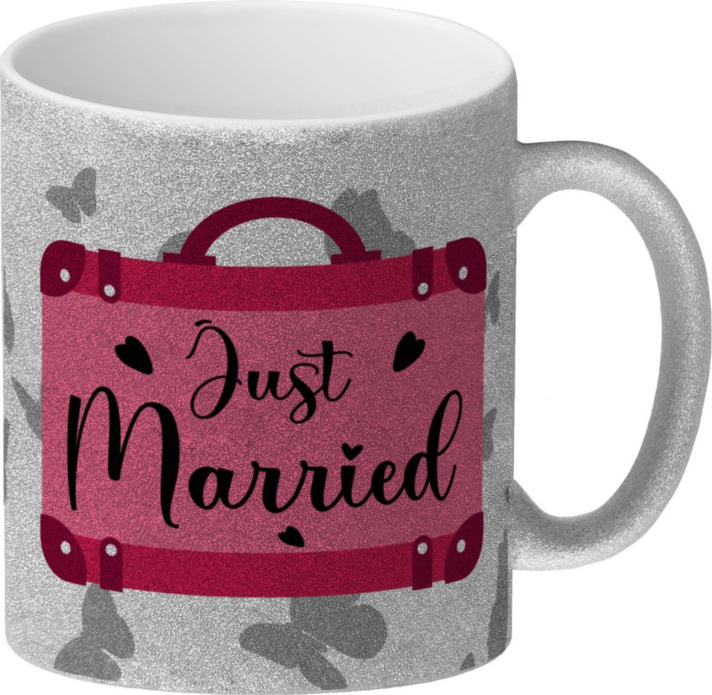 Just married Hochzeit Glitzer-Kaffeebecher mit pinkem Koffer