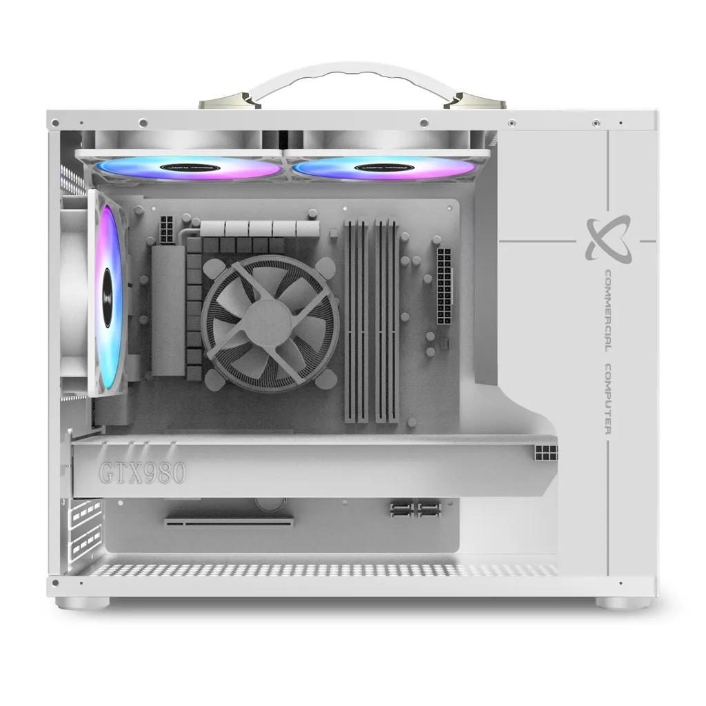 Custodia portatile per PC mobile Micro ATX, ventole aRGB, bianca - 6