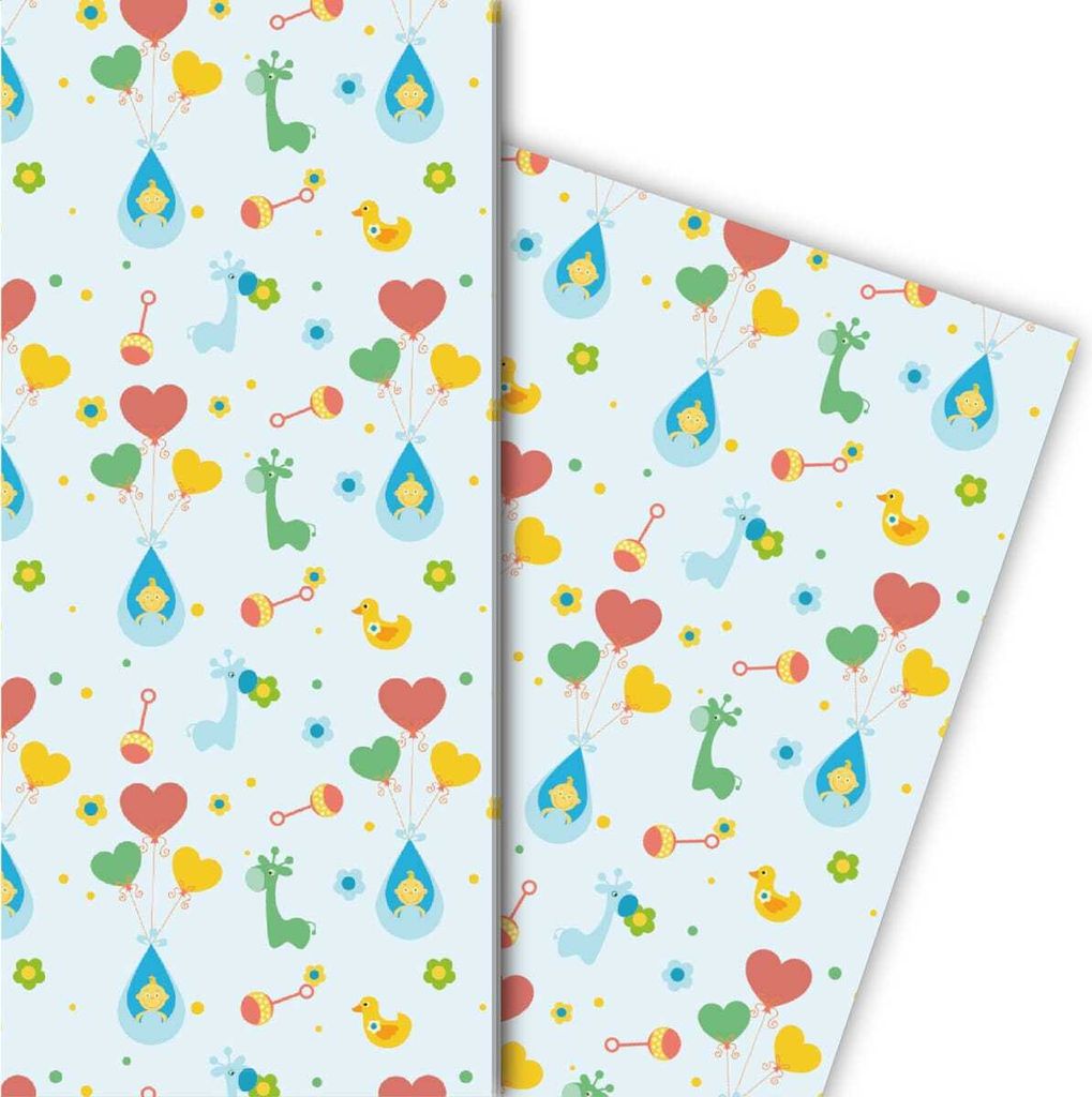 Süßes hellblaues Baby/ Geburts Geschenkpapier für liebevolle Geschenke - G5109, 32 x 48cm