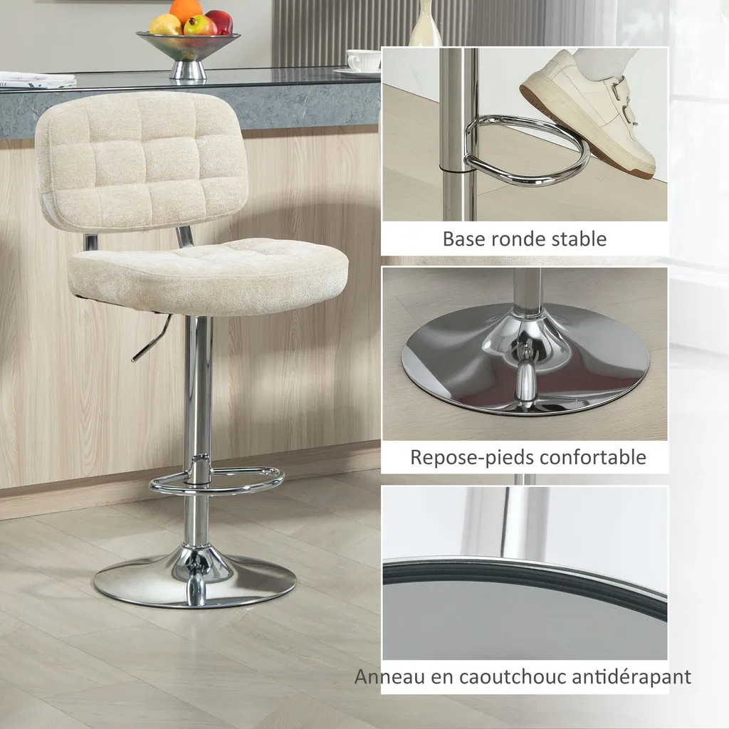 Tabouret de bar confortable réglable en hauteur dos soutenu beige - 8