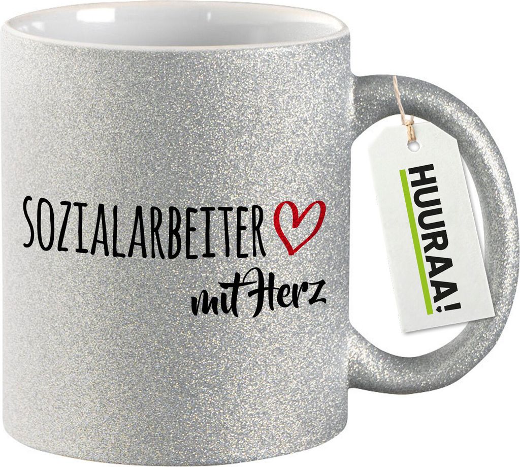 Huuraa Glitzertasse Sozialarbeiter mit Herz 330ml Silber Keramik Kaffeebecher Geschenkidee
