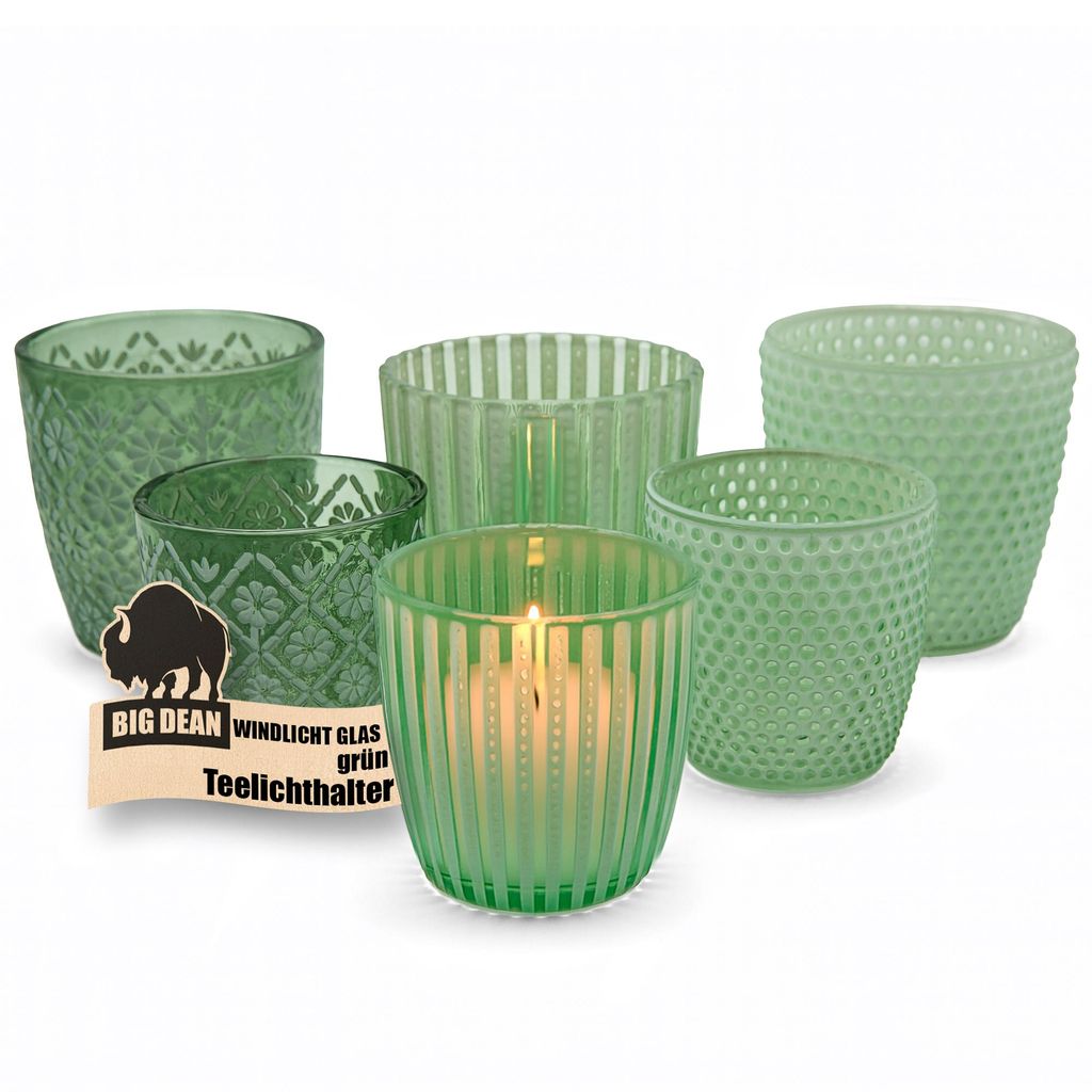 BigDean Windlicht Glas grün Teelichthalter 6er Set Produktbild 