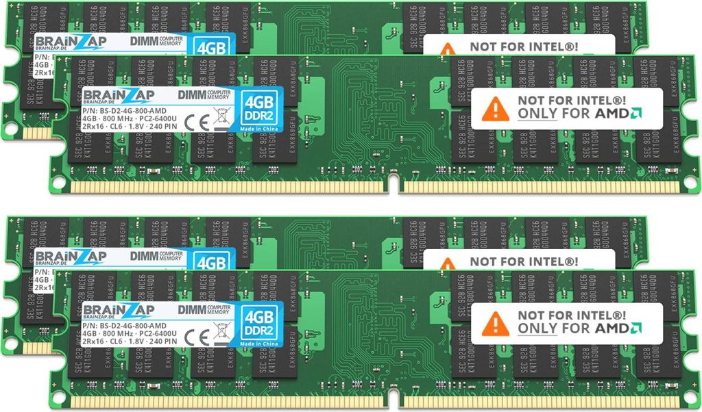 BRAINZAP 16GB (4x4GB) DDR2 800MHz PC2-6400U-666 DIMM CL6 Produktbild 