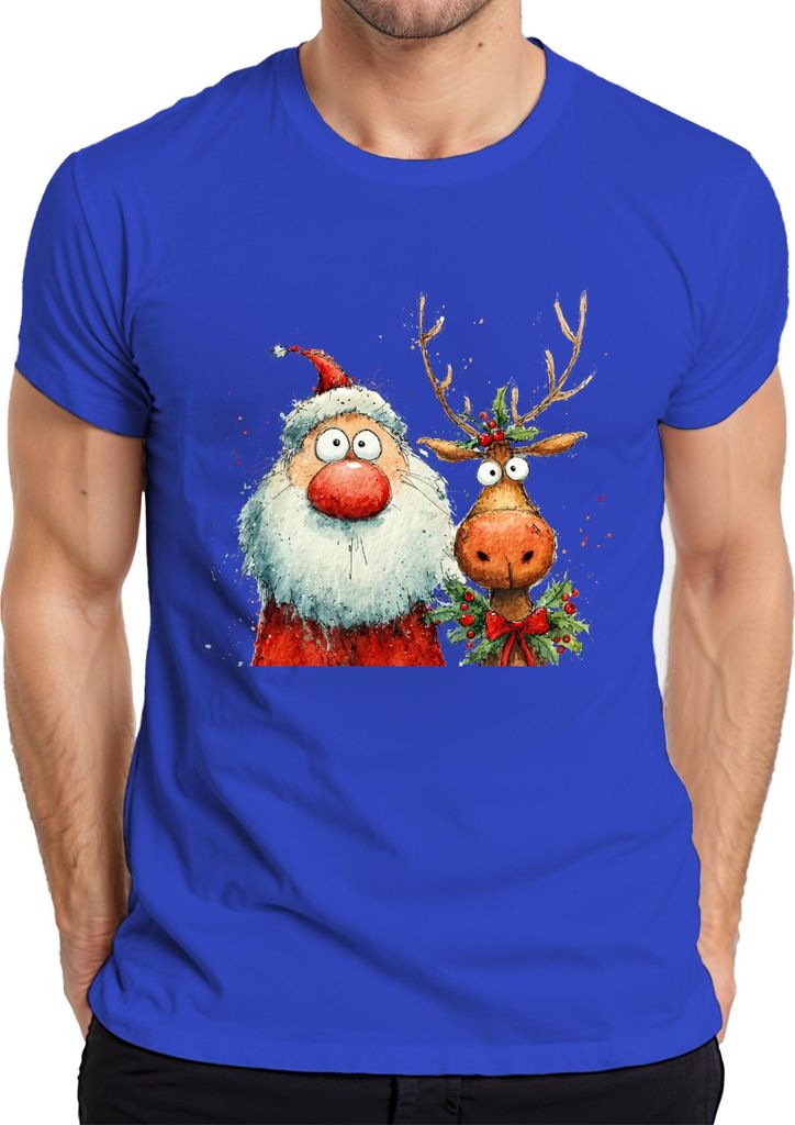 Lustiger Weihnachtsmann und Rentier Aquarell Weihnachten Geschenk Herren T-Shirt, Blau, XXL