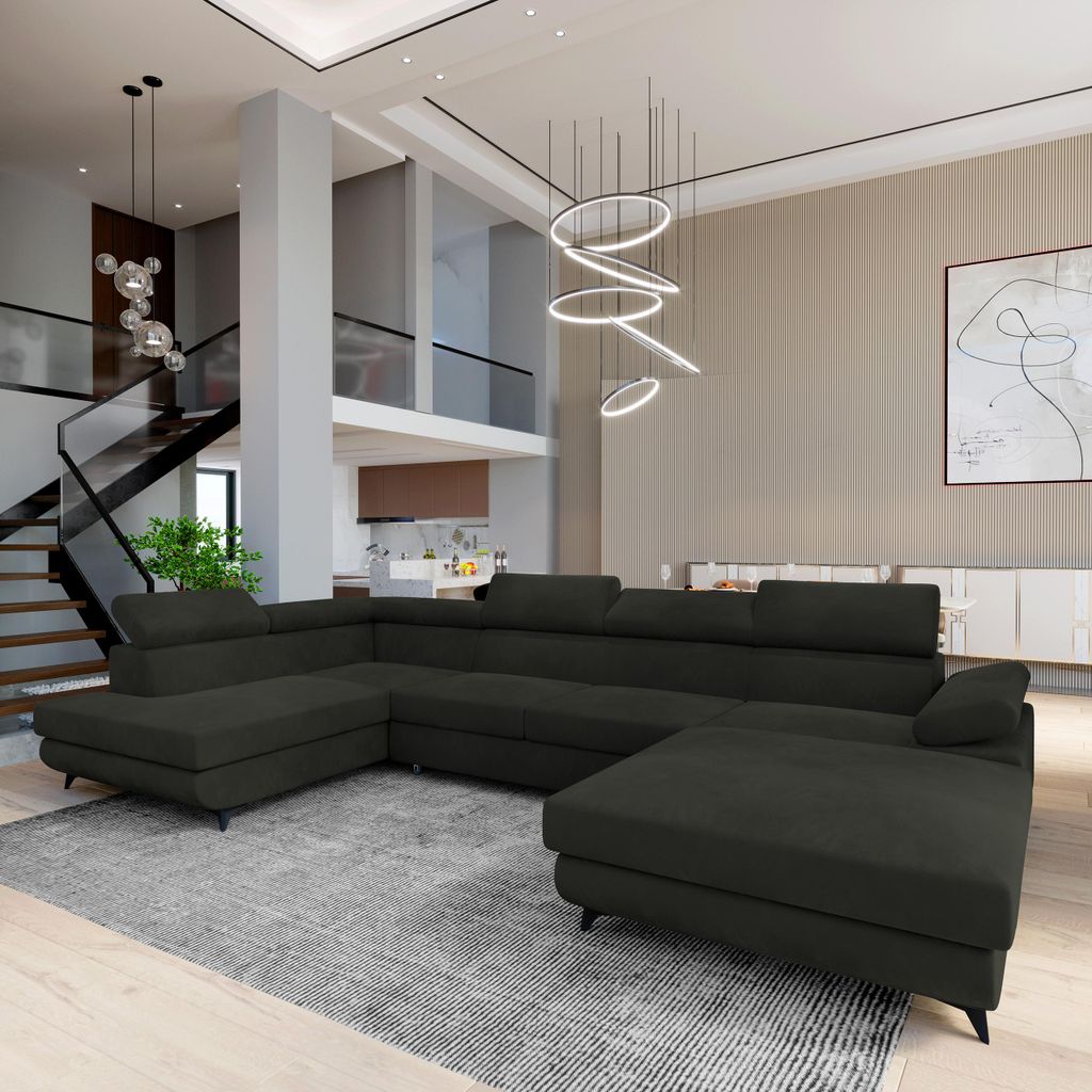 Masseno Ecksofa RUBANO L-S mit Schlaffunktion U-Form, Sofa mit Bettkasten, Wohnzimmersofa, Couch, Soffa, Bettsofa, Couchgarnitur- Schwarz, MONOLITH 95