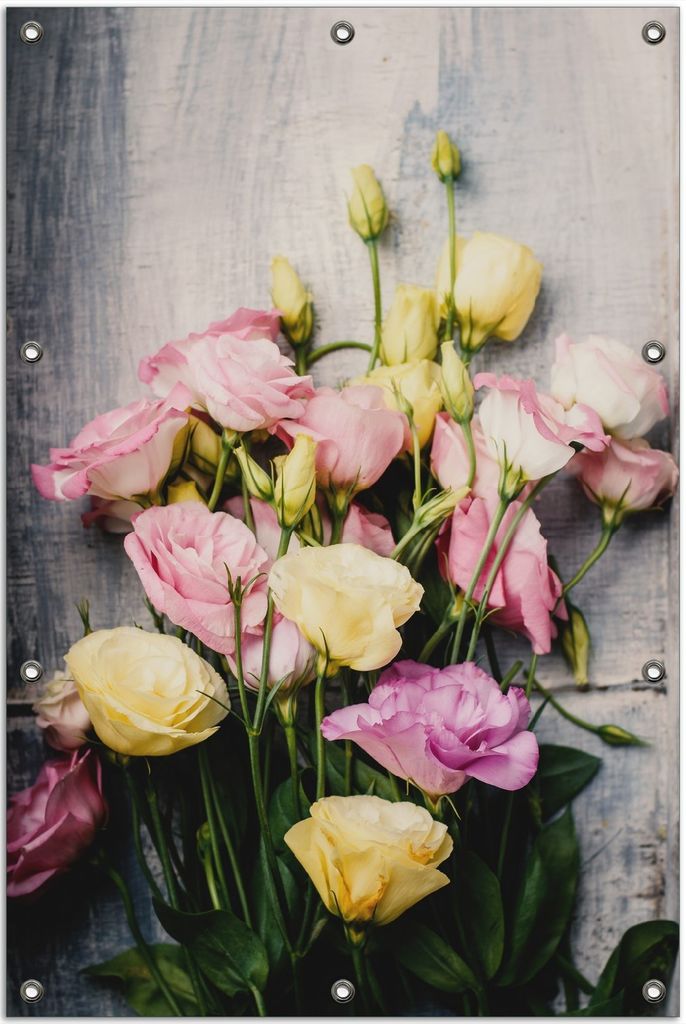 Wallario Outdoor-Poster für Garten oder Balkon, Motiv Gelbe und rosane Rosen, in ca. 80 x 120 cm