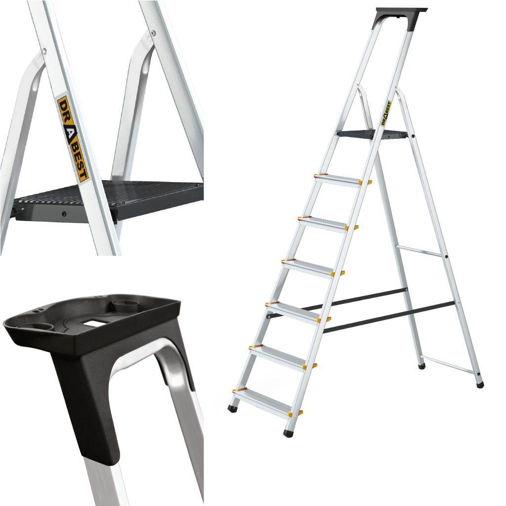 Drabest Klappleiter Leiter Klappbar - 7 Stufen, Tragfähigkeit 150kg - Aluminium, Anti-Rutsch-Füße, Trittleiter Alu