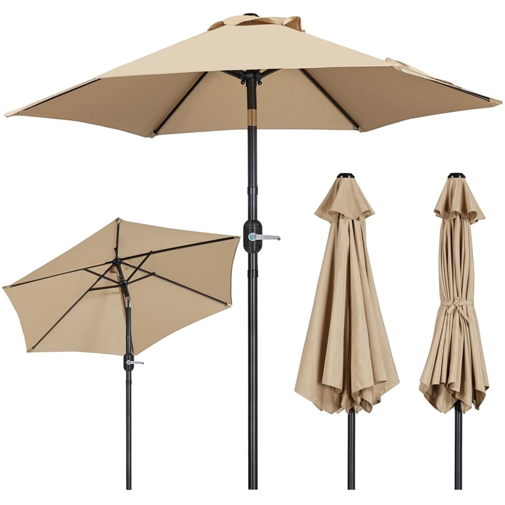 Multiple views of a beige patio umbrella, including one open and two closed.