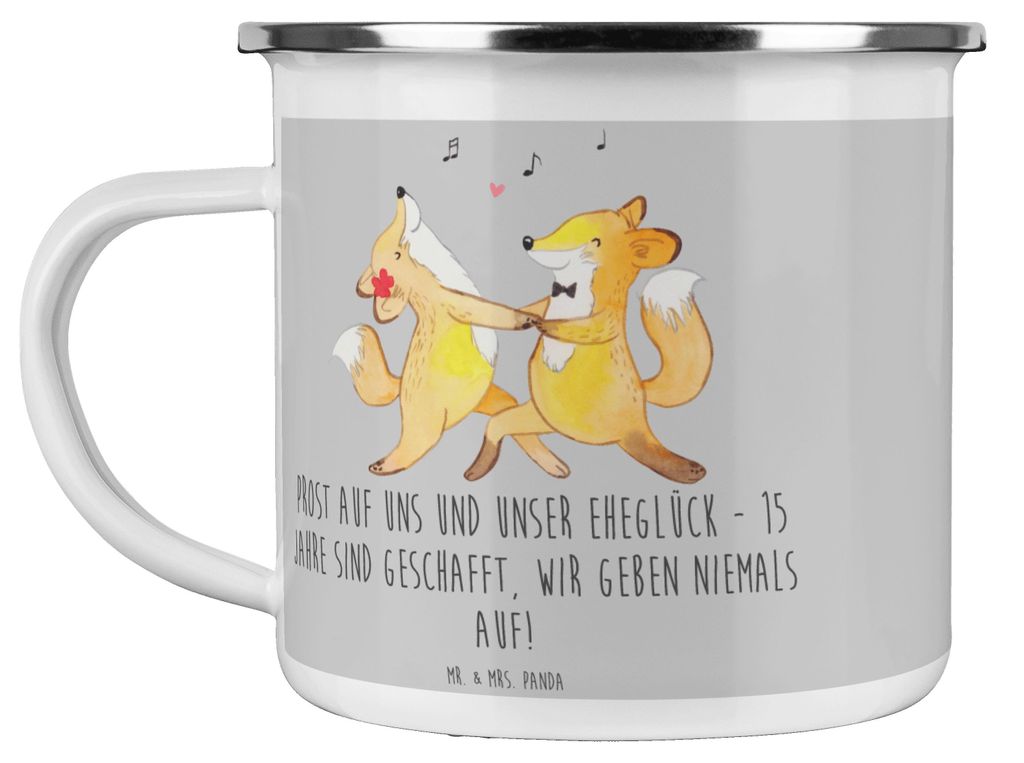 Mr. & Mrs. Panda Emaille Tasse 15. Hochzeitstag Gläserne Hochzeit - Heather Grey - Geschenk, Ehejubiläum, Haferl, Kaffeepott, Teetasse, Jubiläum...