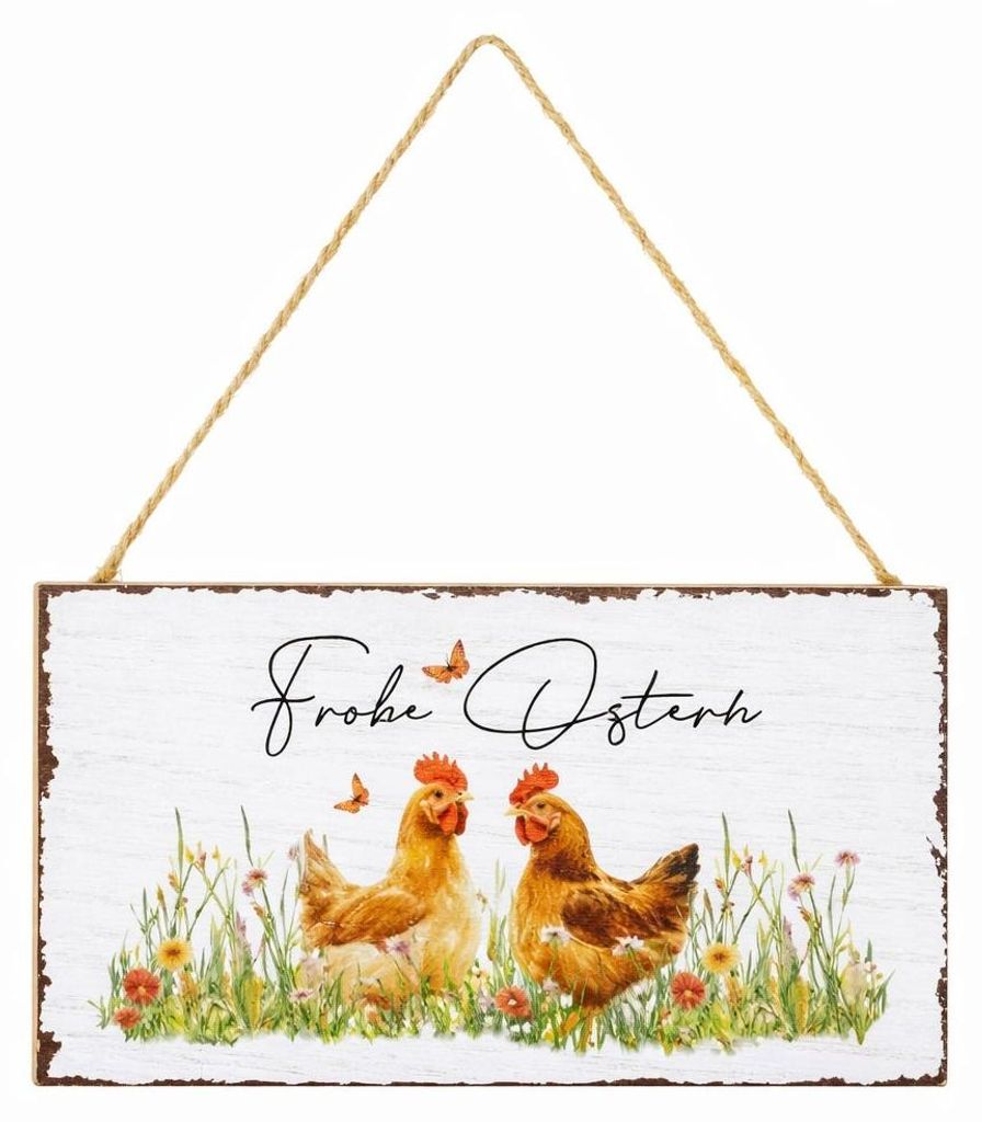 Holz-Anhänger Frohe Ostern Osterdeko zum Aufhängen für Tür & Wand mit Hühner Motiv 20x11,5 cm - Osterdekoration Frühlingsdeko - Logbuch-Verlag