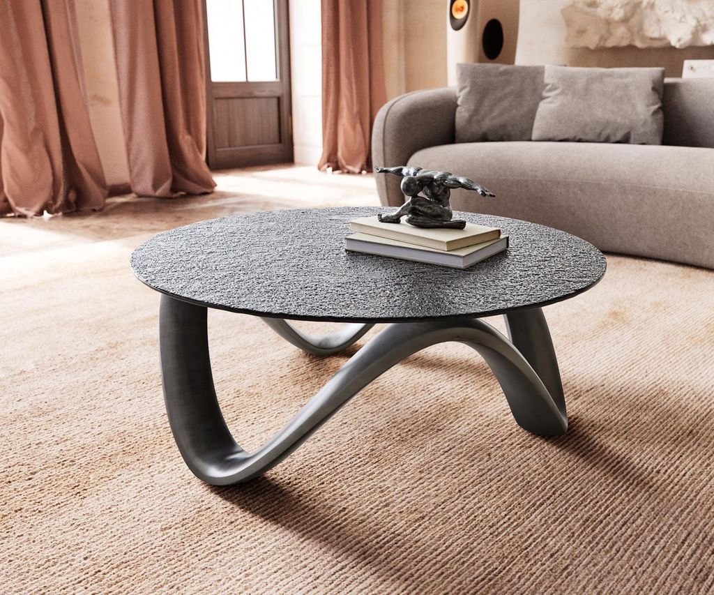 DELIFE Couchtisch Tanju 90x90 cm Metallic Silber mit Reliefglas Grau