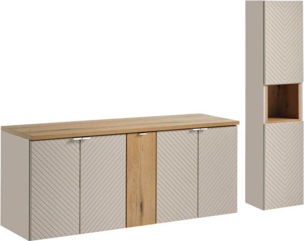 Set AOKI: Unterwaschbeckenschrank + Eichenwaschtischplatte + Hochschrank