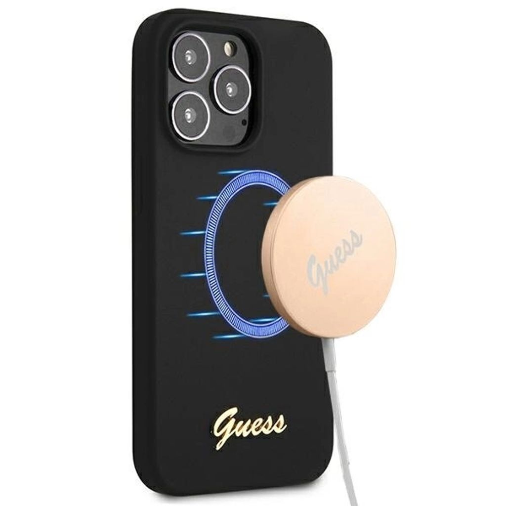Guess GUHMP13LLSLMGBK iPhone 13 Pro / 13 6.1 schwarz/schwarz Hardcase Silikon Script Gold Logo MagSafe Handyhülle