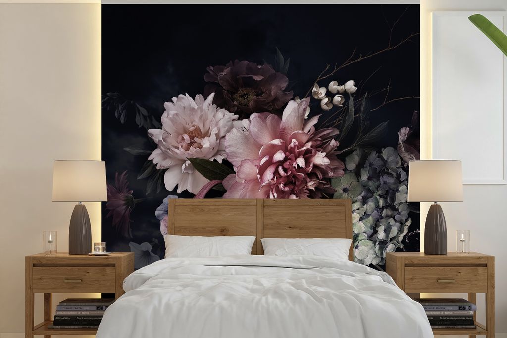 MuchoWow Fototapete für Wohnzimmer oder Schlafzimmer Wandtapete Vinyl Motivtapete Blumen - Vintage - Pastell - Schwarz - Blumenstrauß - 350x350...