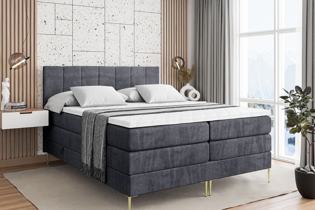 ALTDECOR Boxspringbett mit Gold Füßen, Matratze und Lattenrost, Topper, Polsterbett mit Bettkasten, Bett mit Stauraum H3- und H4- Matratze, Doppe...