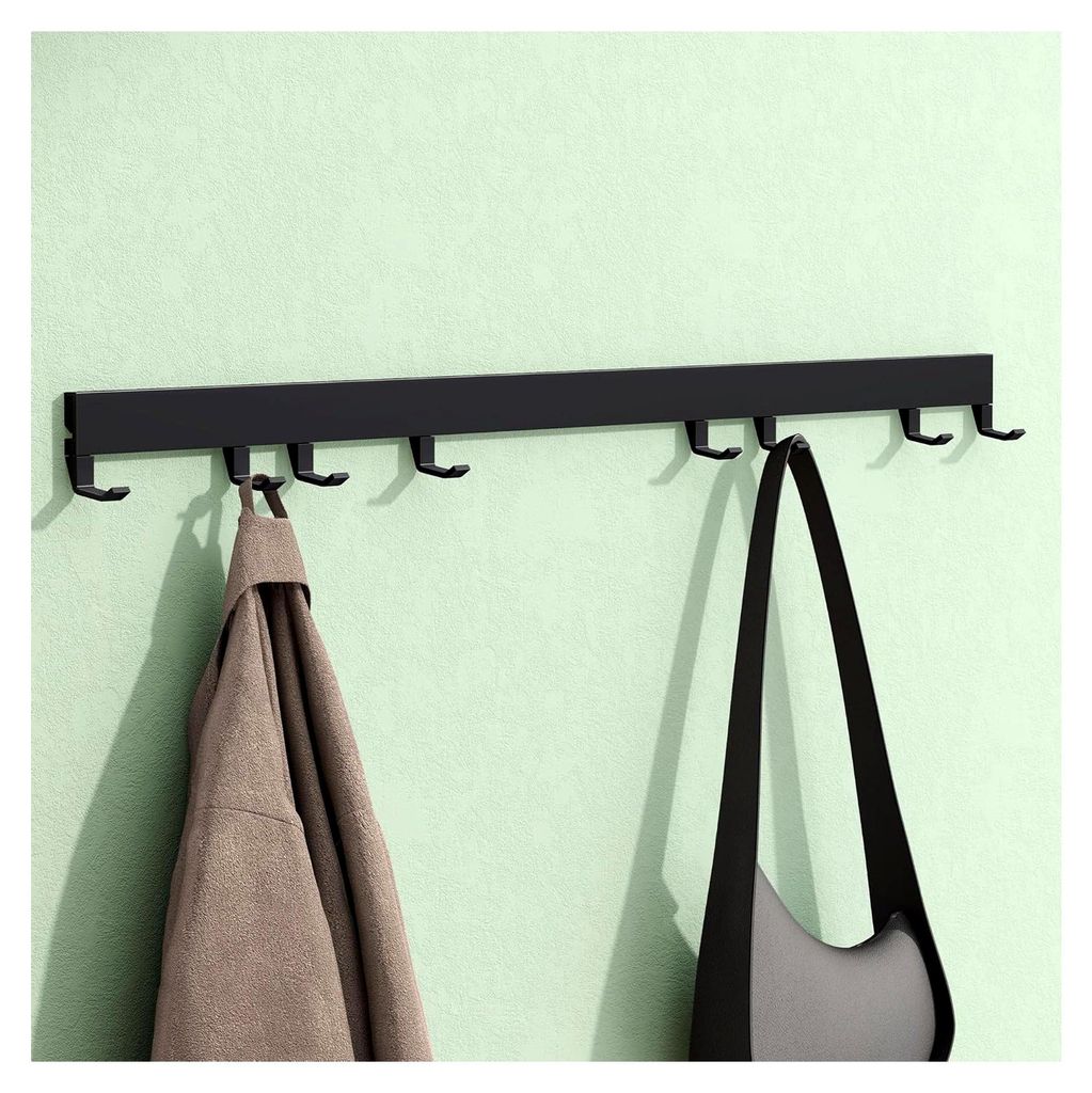 Garderobenleiste mit 8 verstellbaren Haken aus Aluminium, Wandgarderobe 80 cm in Matt Schwarz