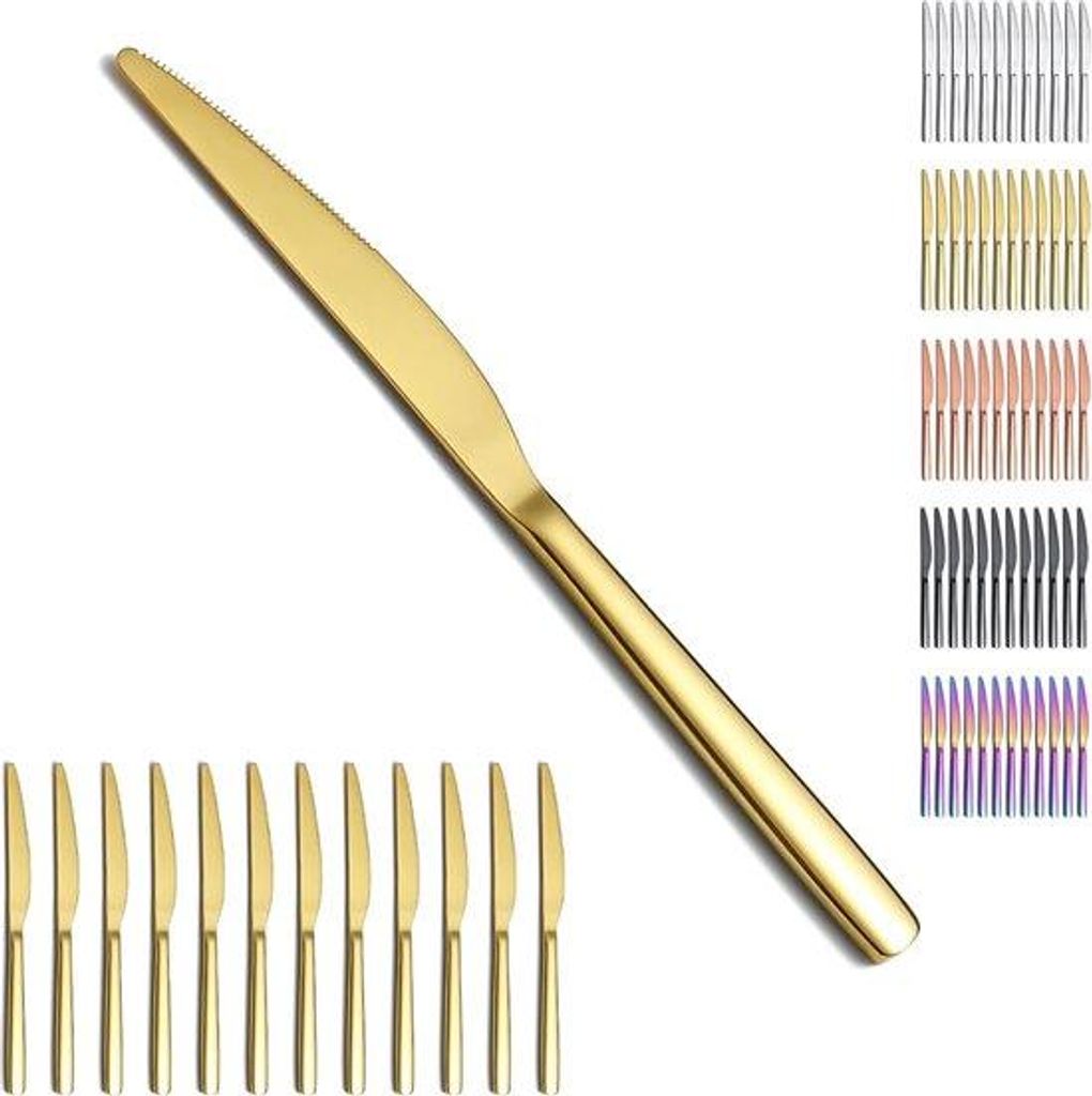 Goldmesser-Sets, 12er Set, Titanbeschichtung, Gold, rostfreies Stahl, Tischmesser, Besteckset, Waschmaschinensicher