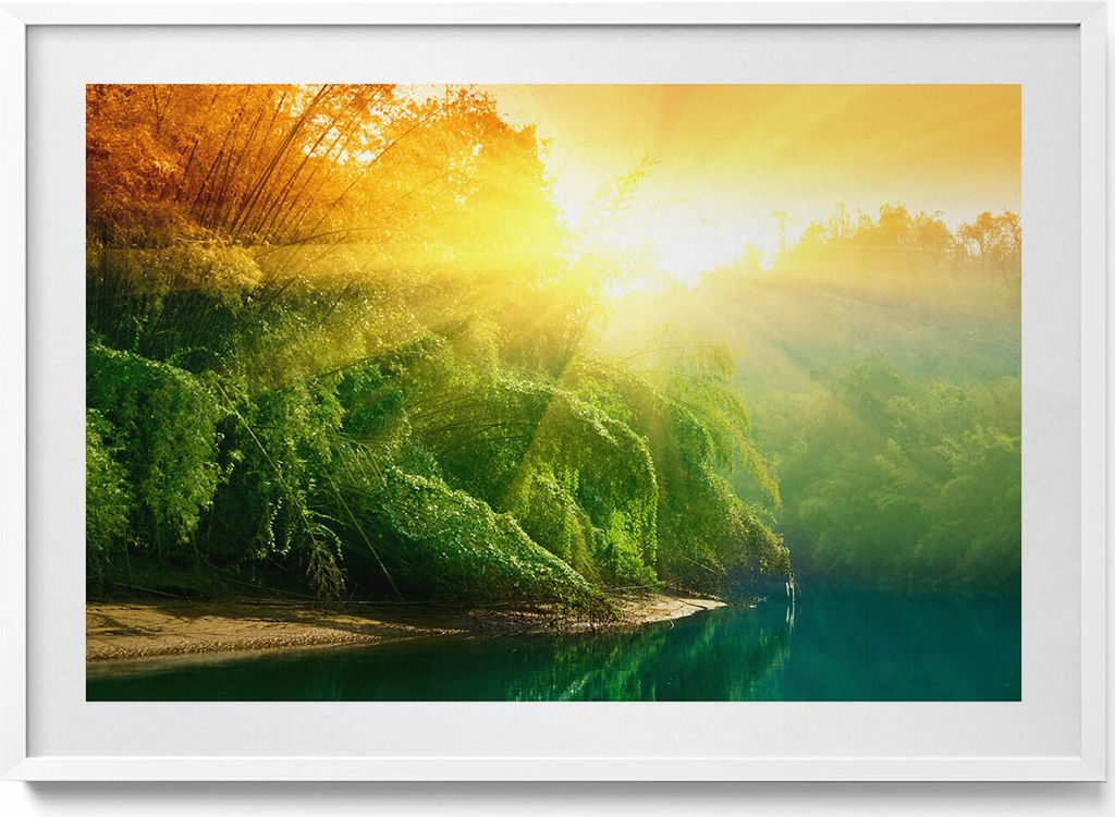 Landschaft der Natur im Sonnenschein– Wandbild mit Rahmen – Gerahmtes Bild – Wanddekoration – 100x70 cm – Weiß Rahmen