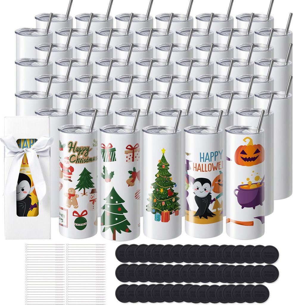 50er-Pack gerade Sublimationsbecher, 591,5 ml Blanko-Becher, Edelstahl-Doppelwandbecher mit Strohhalm, Deckel, Bürste, Boden, Schrumpffolie, Gesch...
