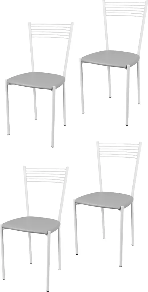 Chaise robuste en acier laqué blanc et similicuir gris clair, lot de 4