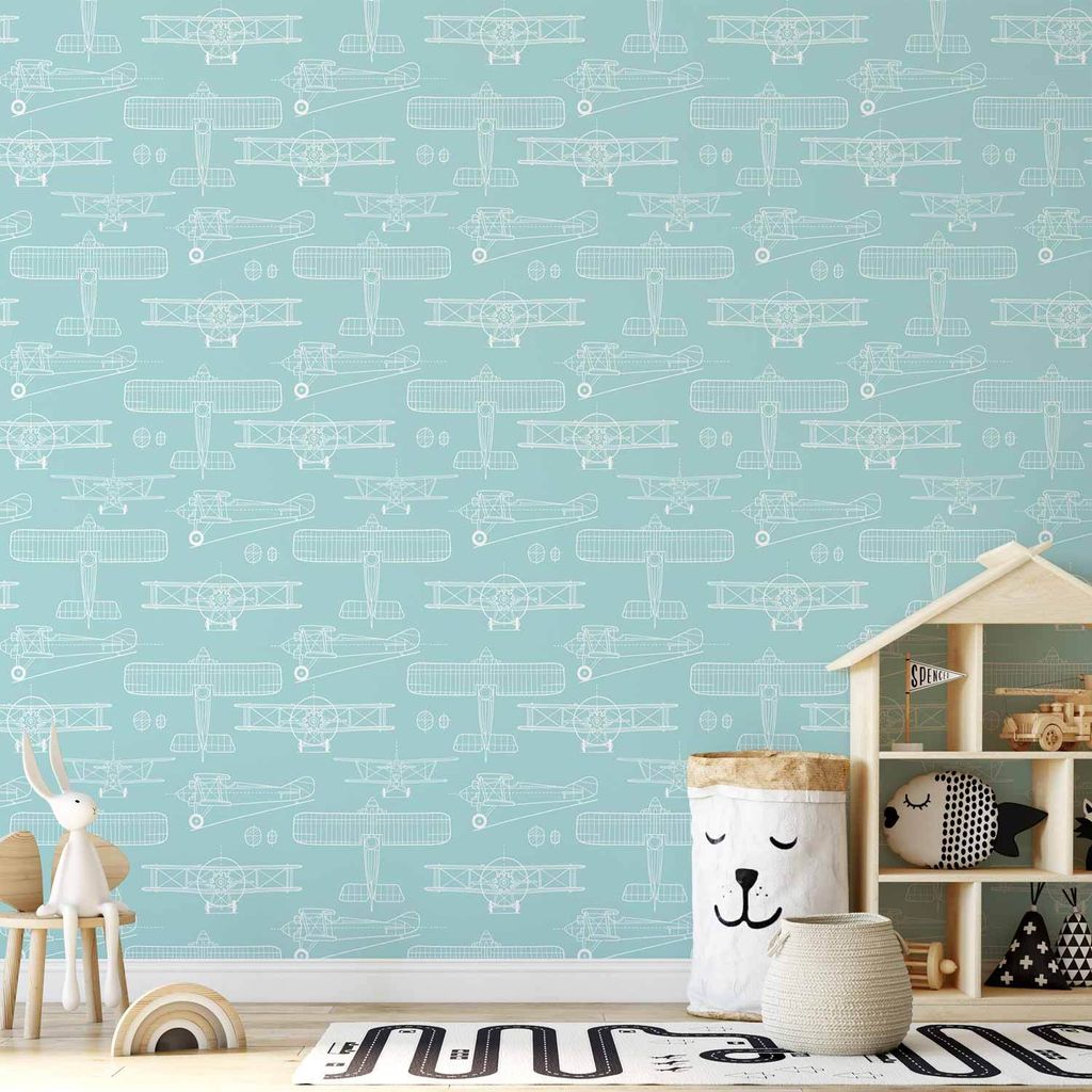 Vlies Tapete - Sketch - Outline of an airplane in white on a turquoise background. 50x1000 cm Für Kinder i-B-10074-j-a