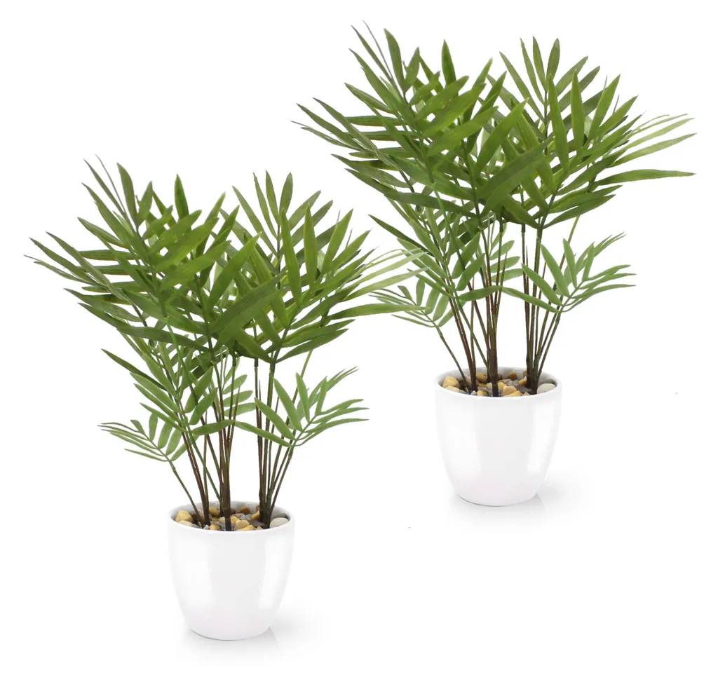 Plantes artificielles en pot céramique : Duo de mini palmiers Areca 25 cm