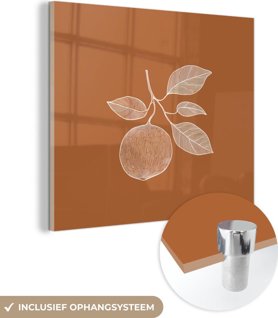 MuchoWow Glasbilder - Bilder auf Wandbild - Foto auf Glas Orange - Gezeichnet - Blätter - Braun 40x40 cm Wanddekoration aus Glas - Acrylglasbild -...