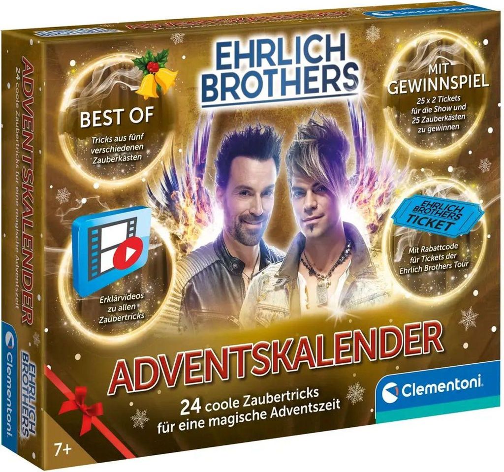 The image shows the front of a Clementoni Ehrlich Brothers Advent Calendar.