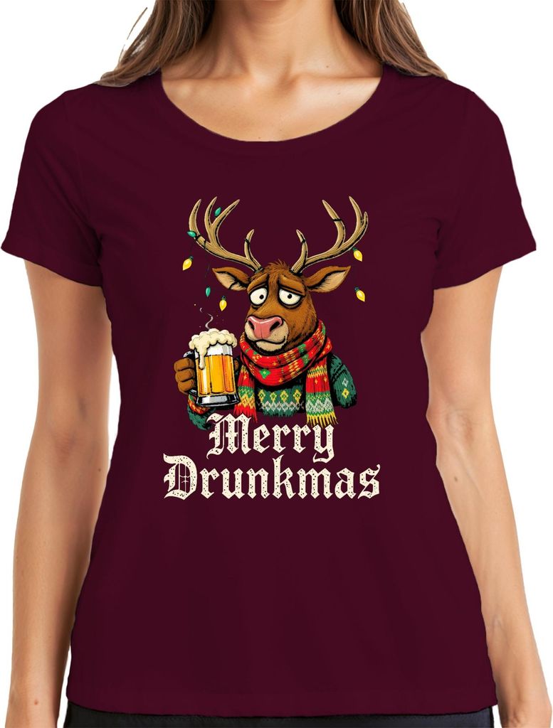 Merry Drunkmas Rentier Bier Weihnachten Lustig Geschenk Ugly Damen T-Shirt, Burgundy, 3XL