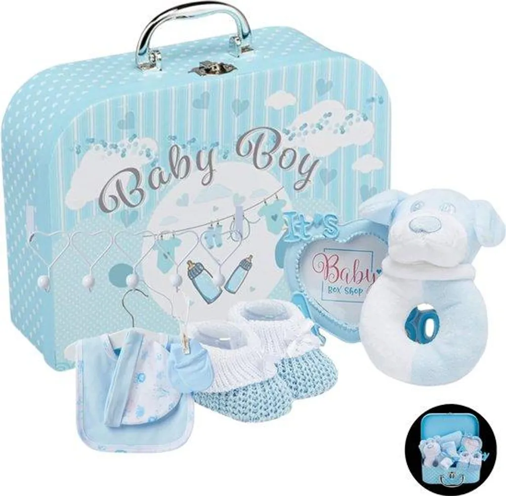 Coffret cadeau naissance garçon avec doudou cadre photo et vêtements