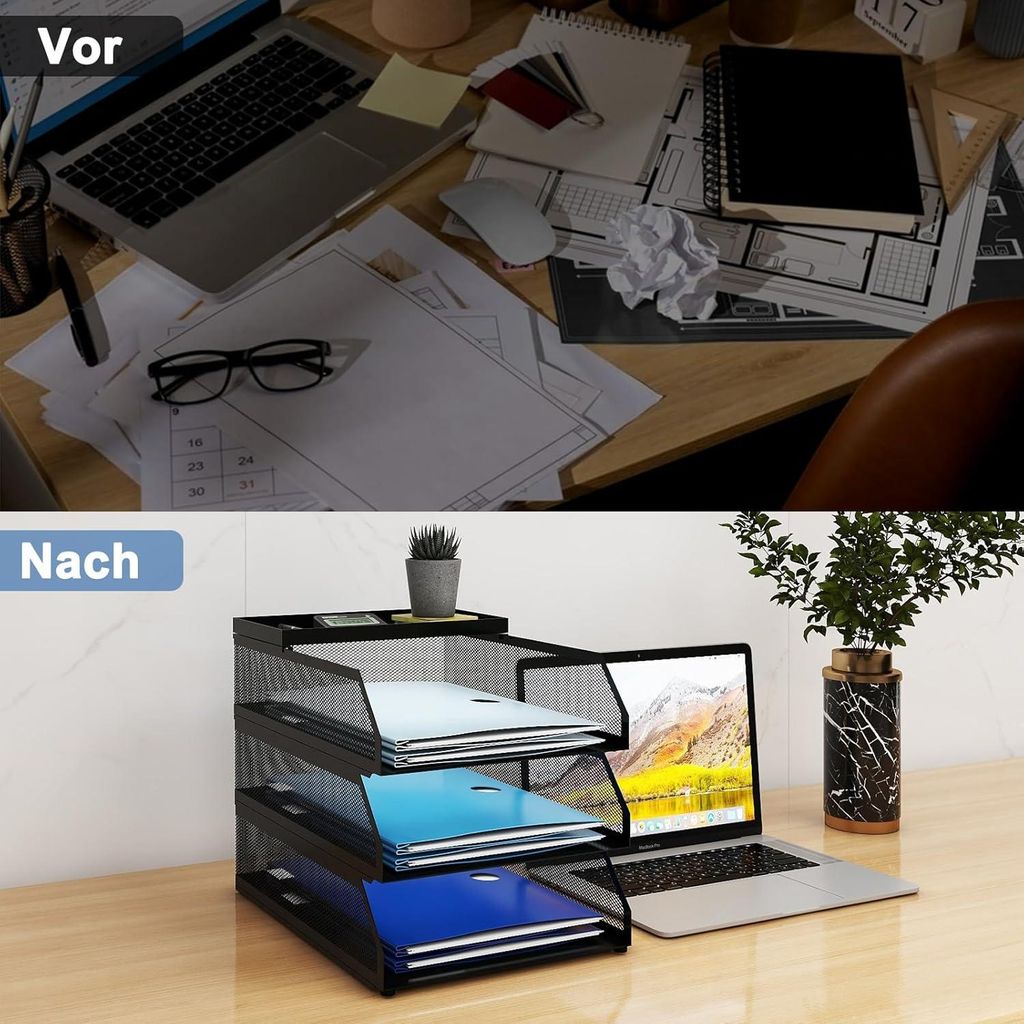Multifunktionale Briefablage aus Metallgitter - Büro-Organizer - 3 Ebenen - schwarz