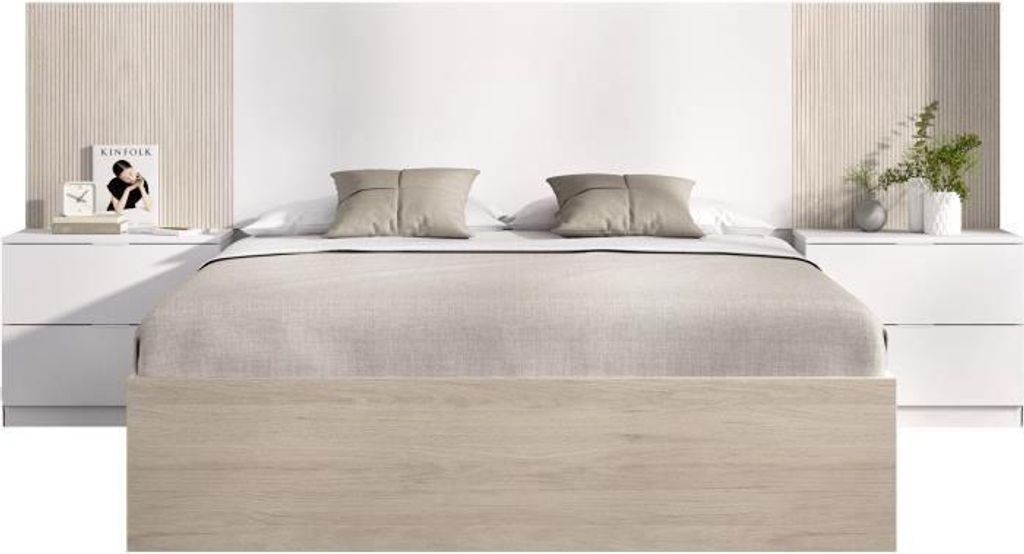 Bett mit integrierten Nachttischen LOMA, 160 x 200 cm, Eiche Natur und Weiß, mit 2 Schubladen