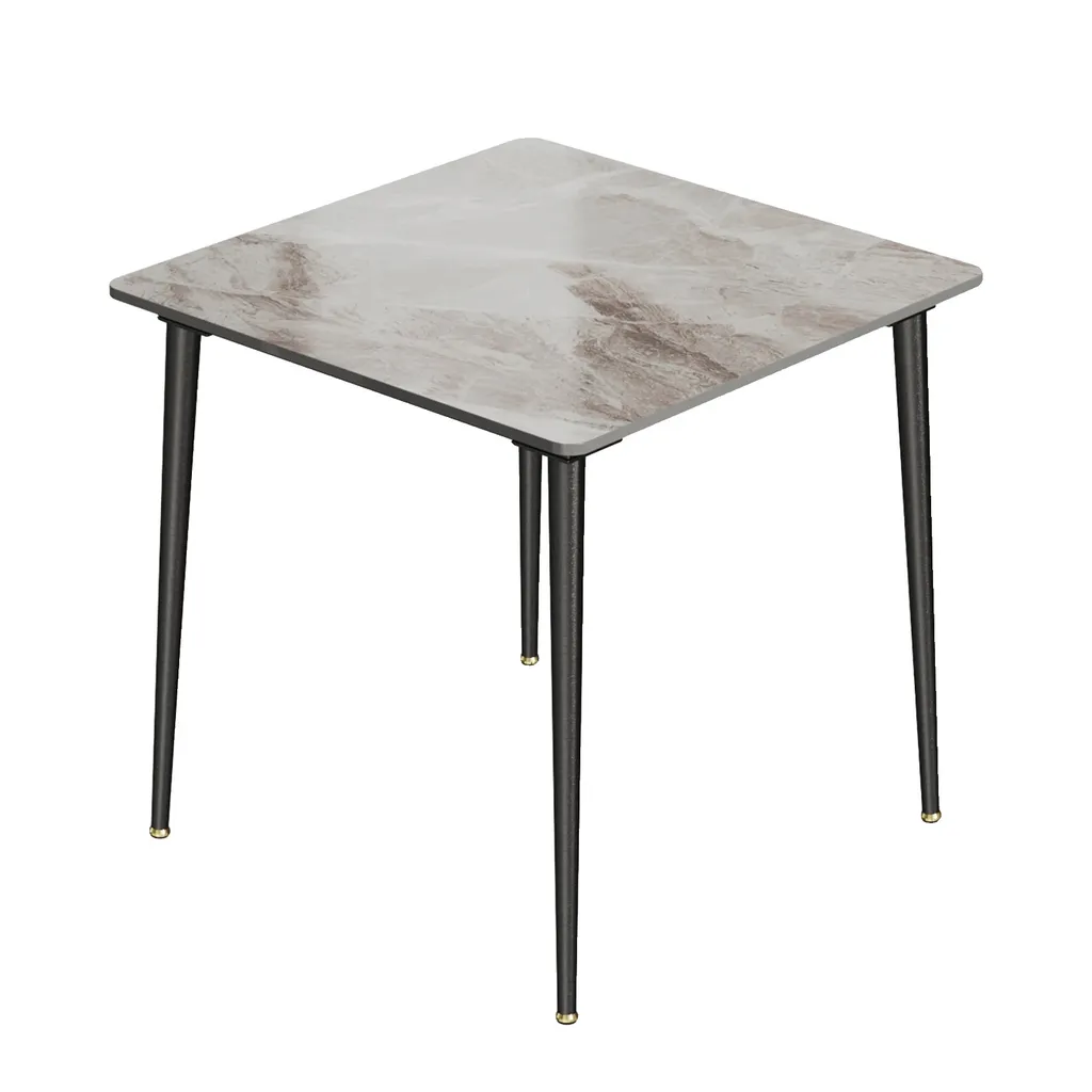 Table de salle à manger carrée plateau marbre et pieds métal gris brillant
